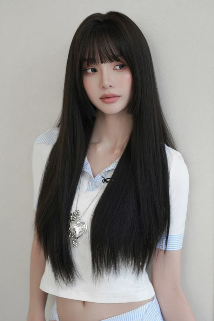 Black Brown Face-Framing Hime Cut Long Straight Wig with Full Bangs - Product - 7