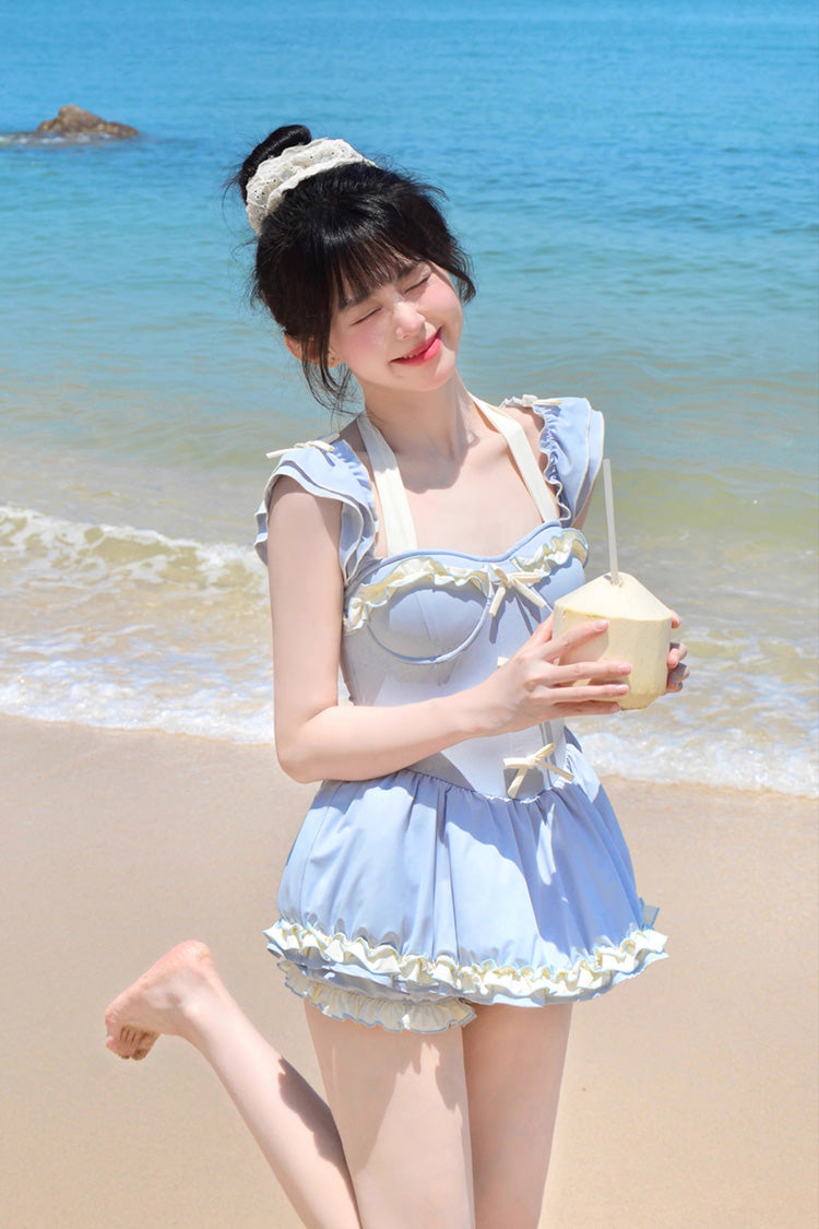 Blue Halterneck Ruffle Bowknot Sweet College Style Lolita One-piece Swimsuit - Product - 3