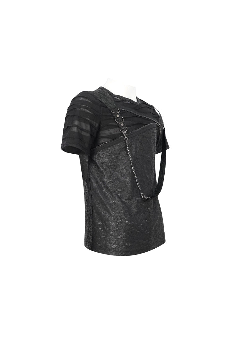 Black Left Off Shoulder Chest Zipper Embellished Men's Punk Short Sleeve - Product - 7