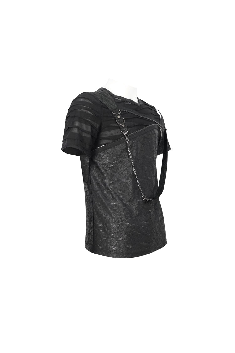 Black Left Off Shoulder Chest Zipper Embellished Men's Punk Short Sleeve - Product - 7