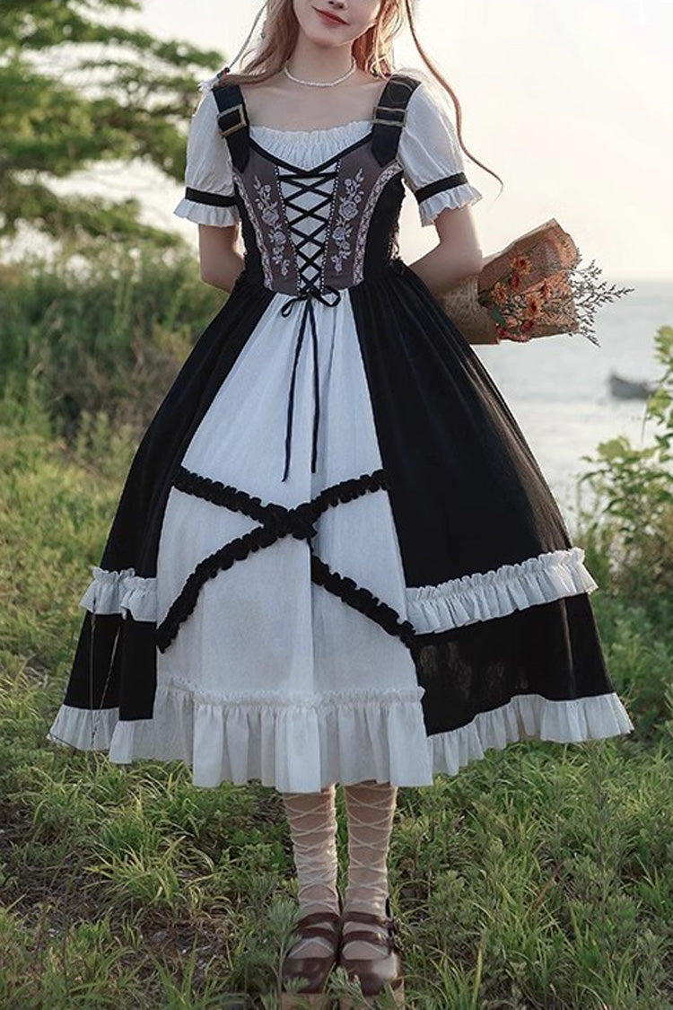 Black/White Bavarian Style Rose Embroidery Short Sleeves Sweet Lolita Dress - Black/White - 1