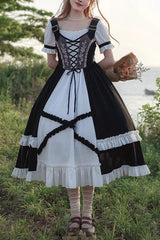 Black/White Bavarian Style Rose Embroidery Short Sleeves Sweet Lolita Dress - Black/White - 1