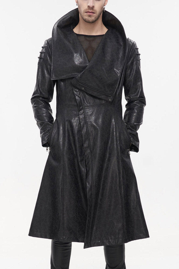 Black Gray Punk Exaggerated Large Collar Design Thick Rope Decoration Handsome Slim Men's Long Coat - Black - 1