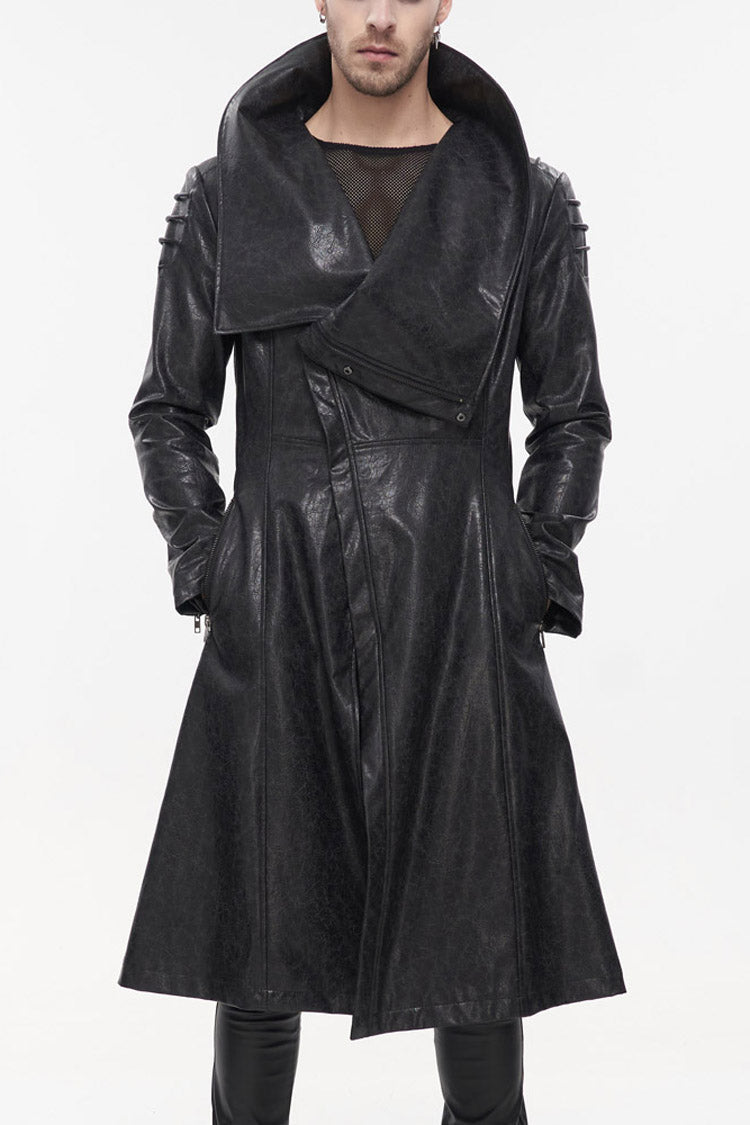 Black Gray Punk Exaggerated Large Collar Design Thick Rope Decoration Handsome Slim Men's Long Coat - Black - 1