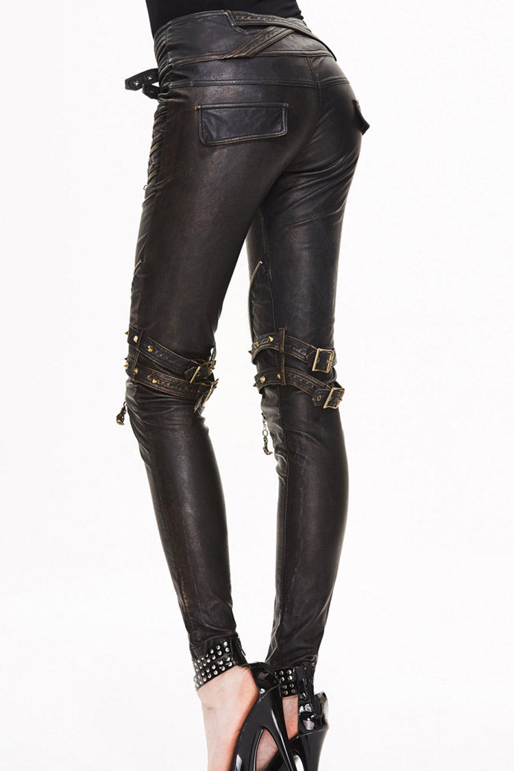 Brown Leather Metal Eyelets Belt Metal Buckle Leg Loop Hand-Rubbed Women's Punk Pants - Product - 5