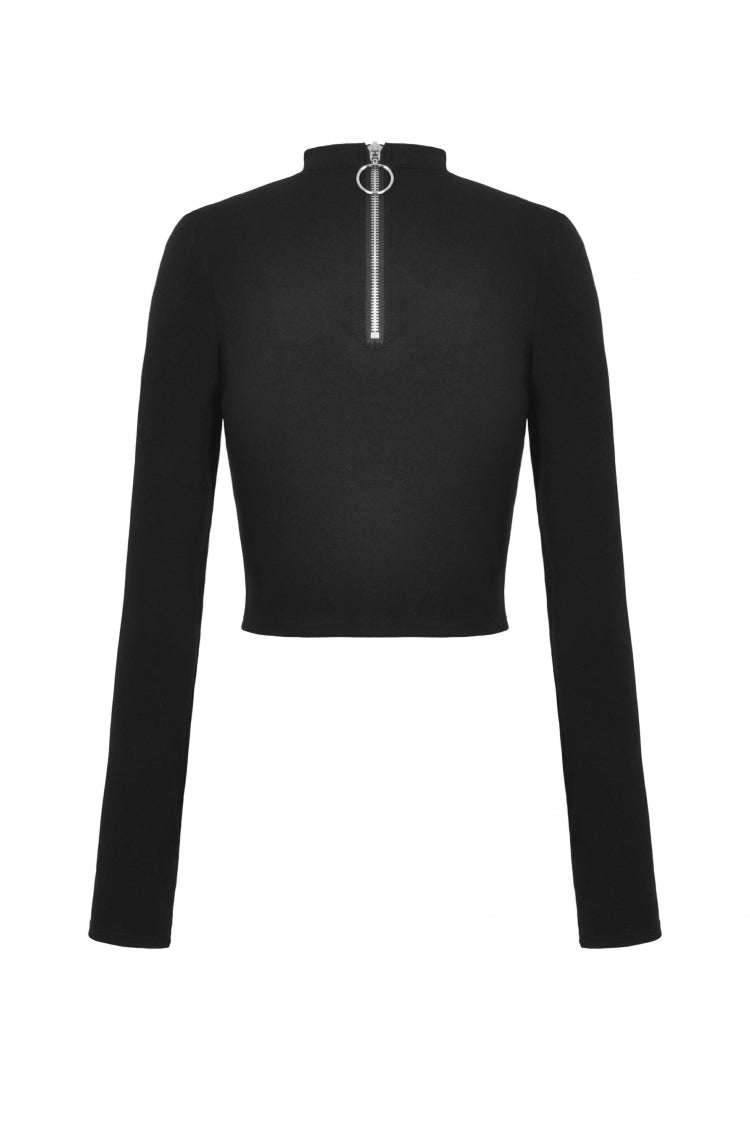 Black Long Sleeves Cut-Out Spliced Mesh Zippered Strappy Eyelet Women's Punk Crop Top - Product - 12