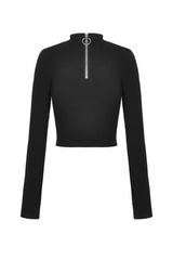 Black Long Sleeves Cut-Out Spliced Mesh Zippered Strappy Eyelet Women's Punk Crop Top - Product - 12
