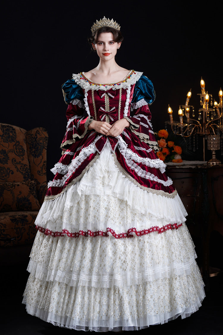 Wine/Ivory Round Collar Long Hime Sleeves Triple-Layered Ruffled Open-Front Bow Lace Classic Vintage Palace Lolita Victorian Dress - Wine/Ivory - 1