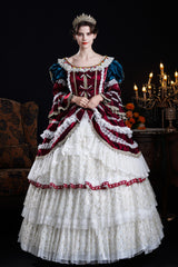 Wine/Ivory Round Collar Long Hime Sleeves Triple-Layered Ruffled Open-Front Bow Lace Classic Vintage Palace Lolita Victorian Dress - Wine/Ivory - 1
