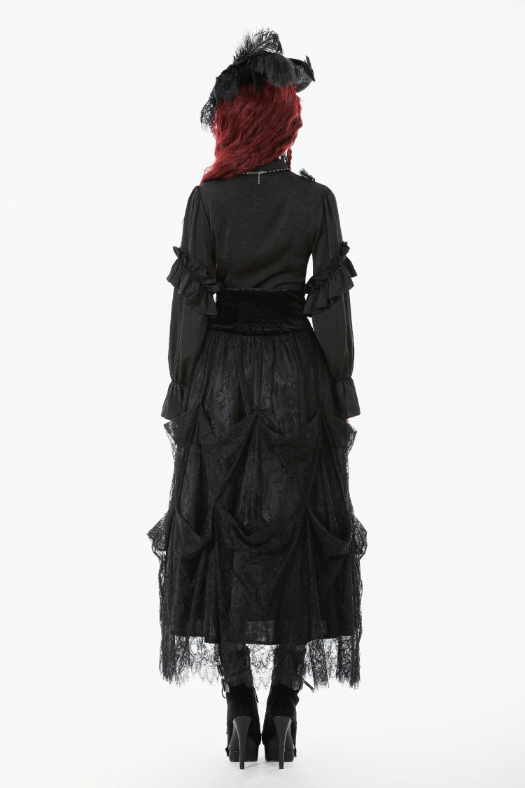 Black Sheer Stand Collar Ruffled Long Lantern Sleeves Women's Gothic Blouse - Product - 4