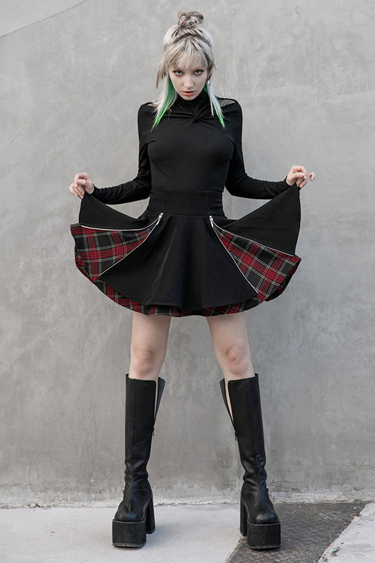 Black/Red Splice Plaid Metal Zipper Decoration Pleated Women's Punk Skirt - Product - 4