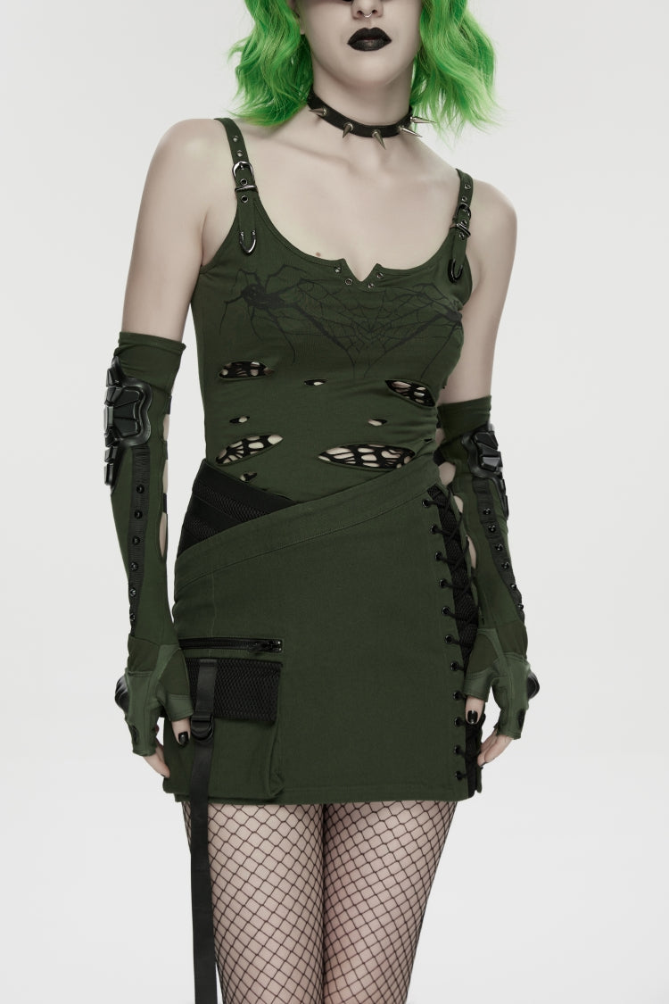 Black/Green Lace-Up Slim Asymmetric Zippered Eyelet Women's Punk Handsome Skirt - Product - 9