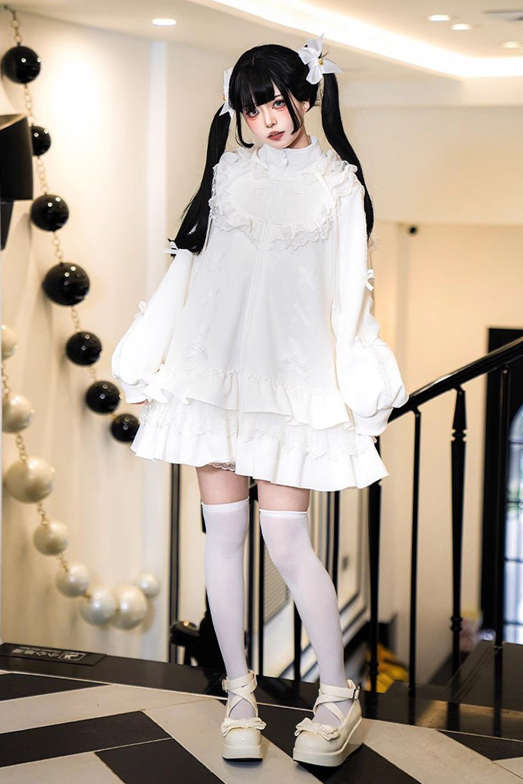 White Long Sleeves Ruffle Zipper Sweet Handsome Lolita Sweatshirt Coat - White - 1