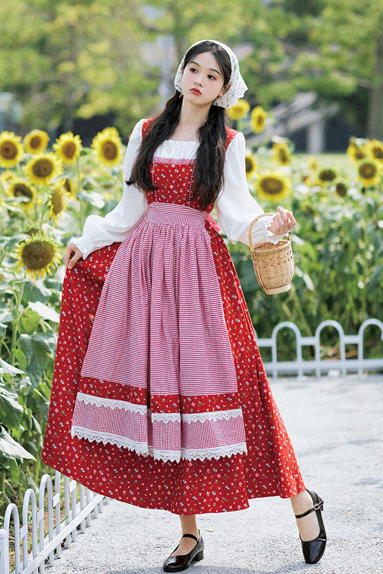 Red French Country Floral Shepherd Square Collar Long Sleeves Printed Ruffled Classic Vintage Lolita Dress - Red - 1