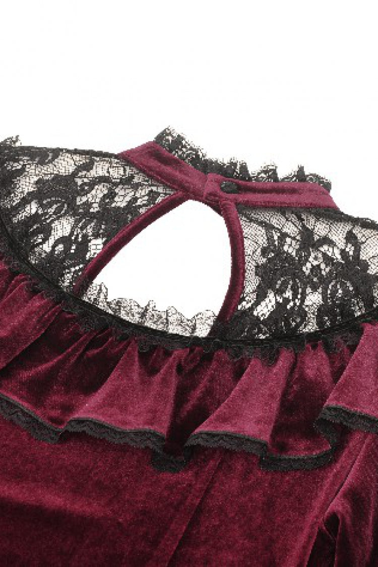 Red Long Sleeves Crochet Velvet Dress Women's Gothic Graduation Dress - Product - 18