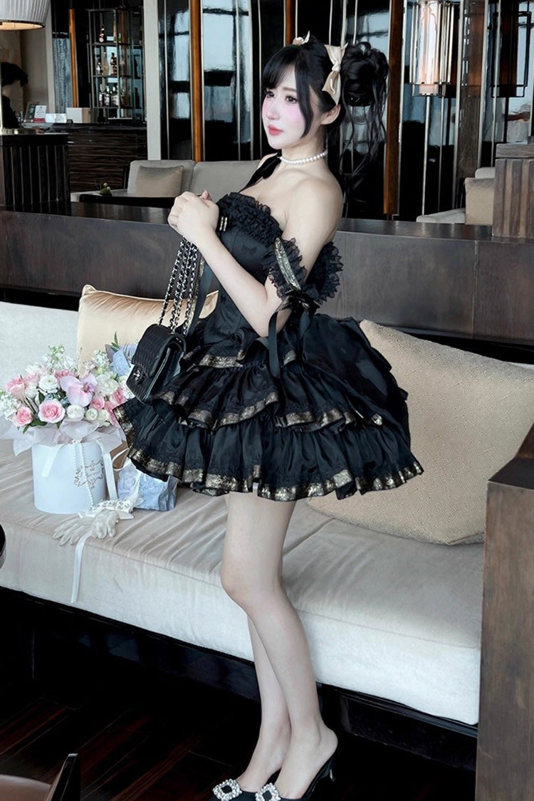 Black [Princess Ribbon] Off Shoulder Triple-Layered Ruffle Bowknot Sweet Lolita Dress - Product - 11