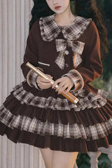 Dark Brown Multi-layer Bowknot College Style Autumn Winter Princess Sweet Lolita Skirt Set - Brown - 1