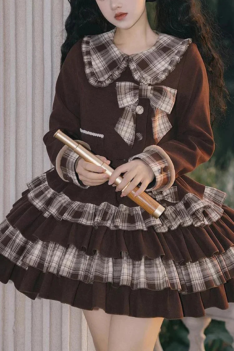 Dark Brown Multi-layer Bowknot College Style Autumn Winter Princess Sweet Lolita Skirt Set - Brown - 1