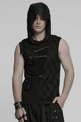 Black Sleeveless Hooded Ripped Ruched Men's Punk Vest - Black - 1