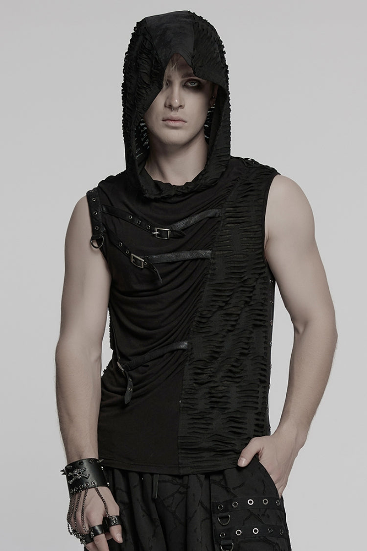 Black Sleeveless Hooded Ripped Ruched Men's Punk Vest - Black - 1