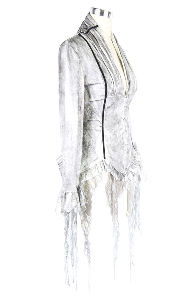 White Printed V-Neck Long Sleeve Flare Cuff Back Waist Lace-Up Irregular Lace Tassels Hem Women's Gothic Blouse - Product - 9