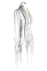 White Printed V-Neck Long Sleeve Flare Cuff Back Waist Lace-Up Irregular Lace Tassels Hem Women's Gothic Blouse - Product - 9