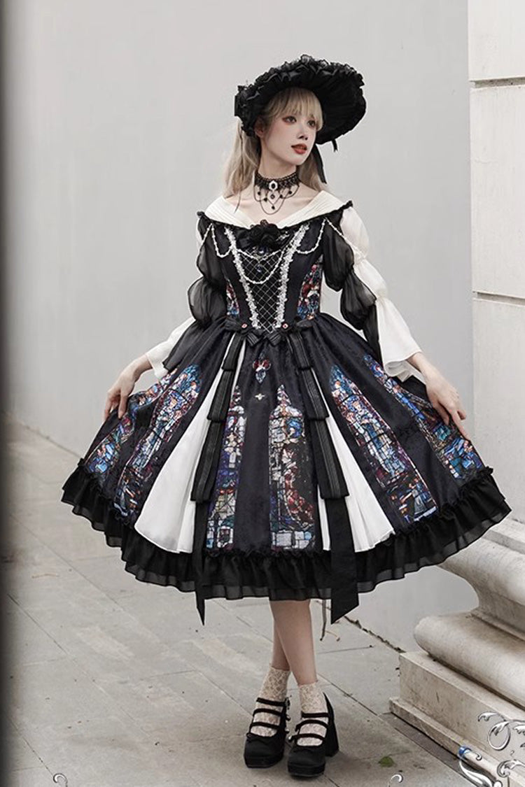 Black Stained Window Print Ruffle Bowknot Gothic Elegant Lolita Jsk Dress - Product - 2