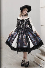 Black Stained Window Print Ruffle Bowknot Gothic Elegant Lolita Jsk Dress - Product - 2
