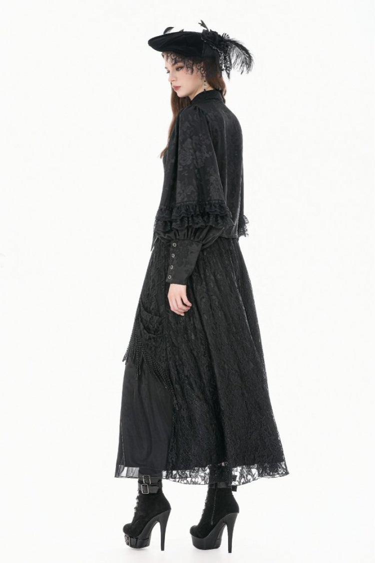 Black Point Collar Long Bishop Sleeves Rose Jacquard Irregular Hem Women's Gothic Blouse with Detachable Tie - Product - 2