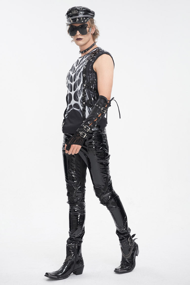 Black/White Round Collar Print Hollow Men's Punk Vest - Product - 3