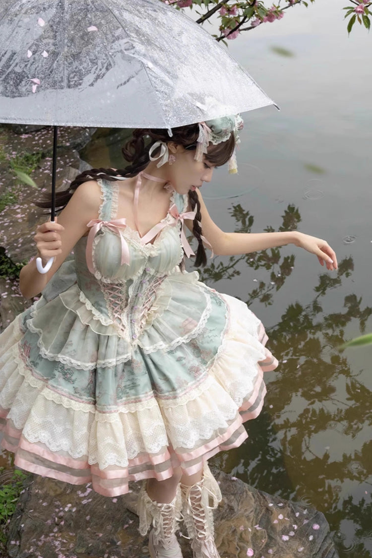 Green Waltz Multi-layer Print Ruffle Bowknot Sweet Chinese Style Elegant Lolita Jsk Dress - Product - 5