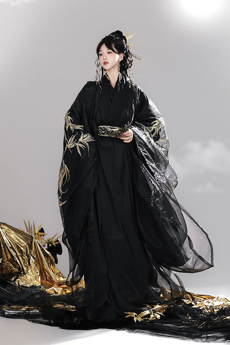 Black [Bamboo Leaves] V Collar Trumpet Sleeves High Waisted Embroidered Women's Classic Hanfu Dress Set - Product - 2