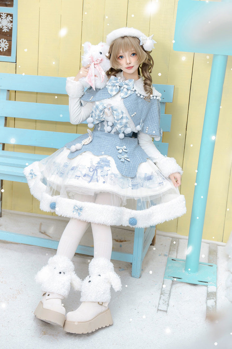 Light Blue [Rolling Snowballs] Printed Bow Sweet Lolita Jsk Dress Set - Product - 5