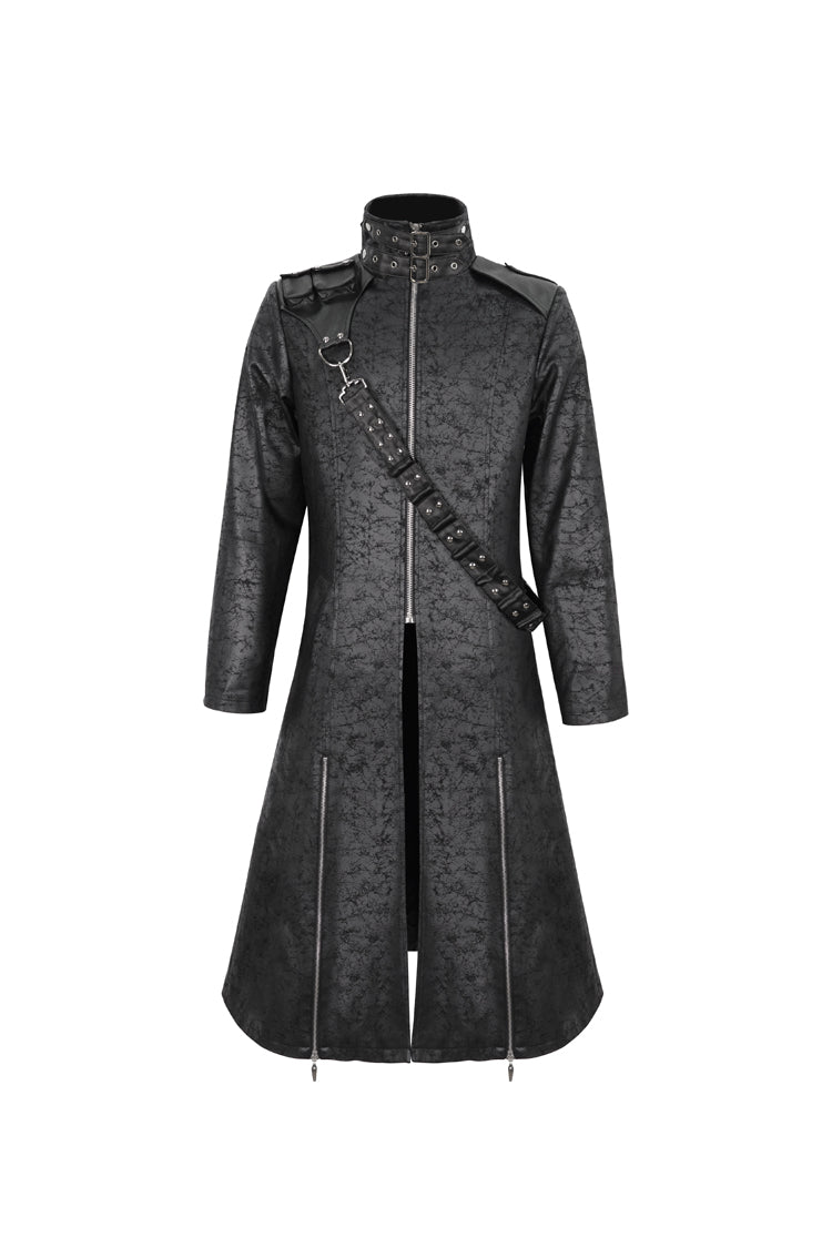 Black Stand Collar With Strap Split At The Hem Long Men's Gothic Coat - Product - 6