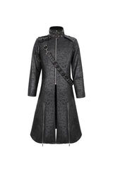 Black Stand Collar With Strap Split At The Hem Long Men's Gothic Coat - Product - 6