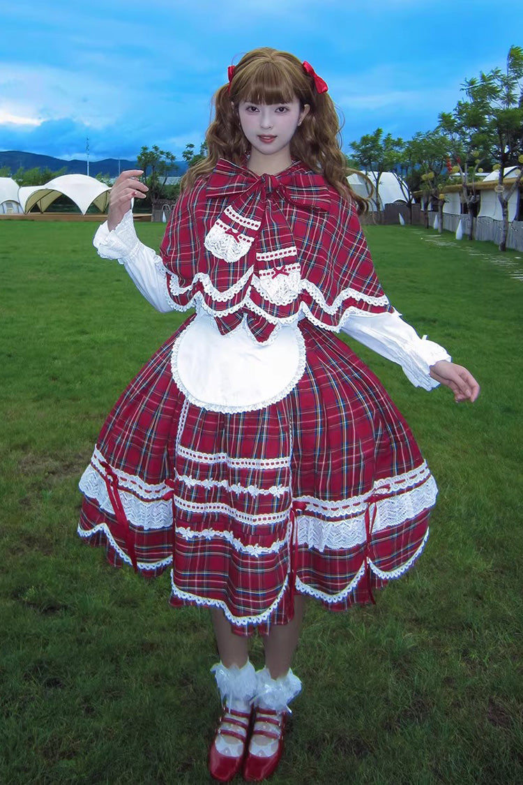 Red [Gingham Petal Bunny] Printed Ruffled Bow Sweet Lolita Jsk Dress - Product - 9