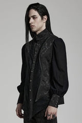 Black Stand Collar Long Puff Sleeves Jacquard Print Lace Mens Gothic Blouse - Product - 2