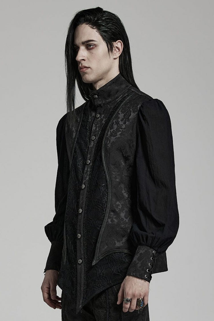 Black Stand Collar Long Puff Sleeves Jacquard Print Lace Mens Gothic Blouse - Product - 2