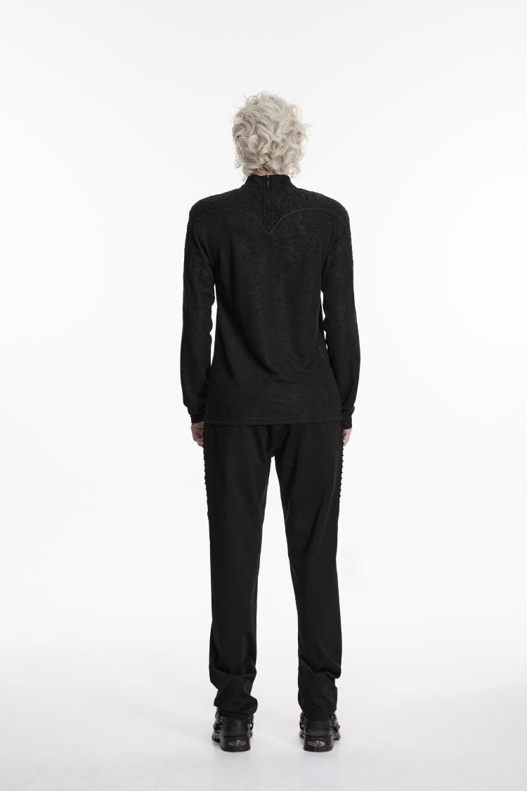 Black High Collar Long Sleeves Jacquard Spliced Slim Men's Gothic Top - Product - 3