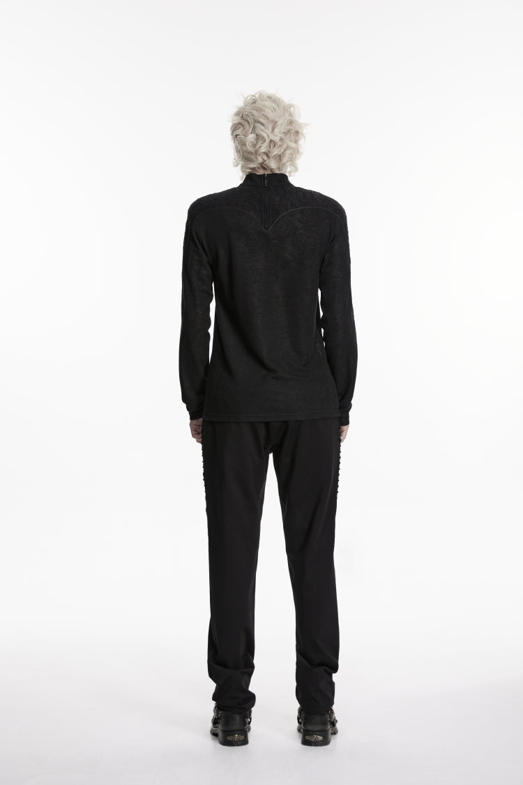 Black High Collar Long Sleeves Jacquard Spliced Slim Men's Gothic Top - Product - 3