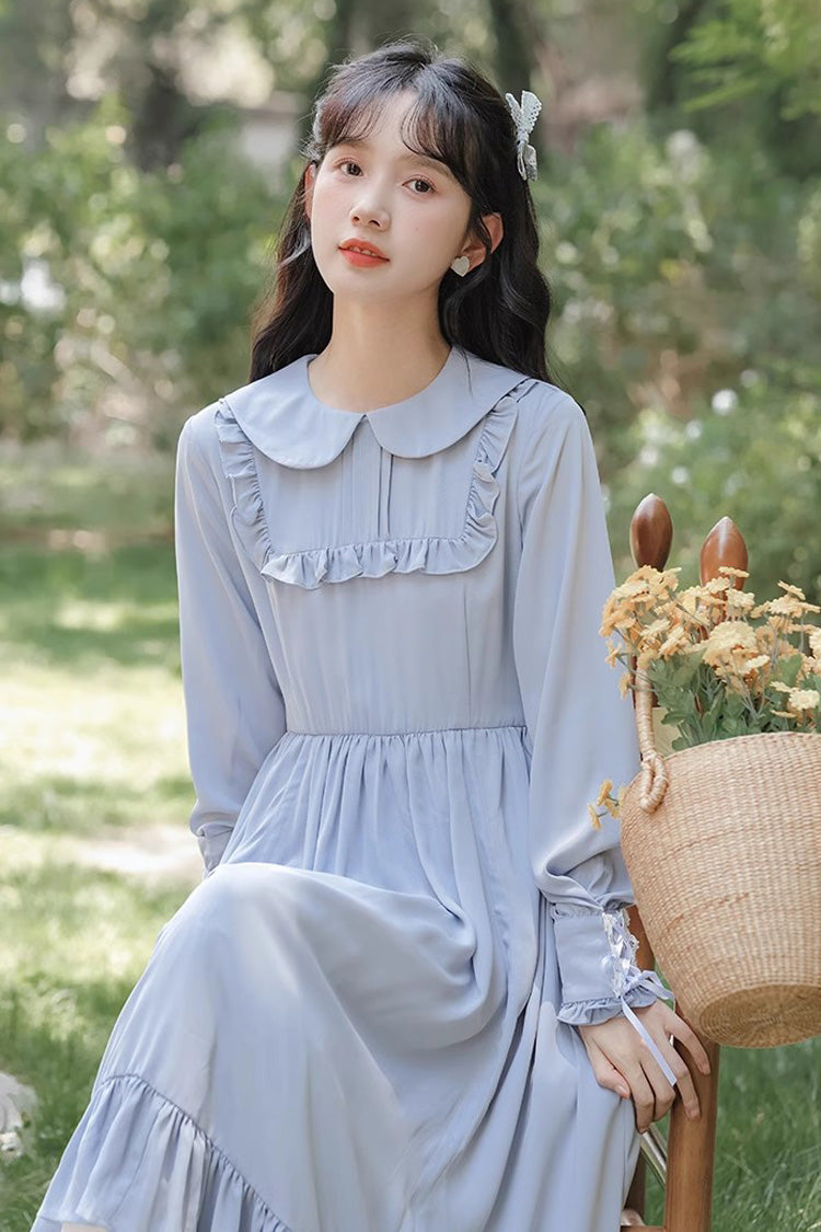Blue Doll Collar Long Sleeves Ruffle Sweet Elegant Princess Lolita Dress - Product - 5