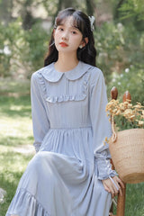 Blue Doll Collar Long Sleeves Ruffle Sweet Elegant Princess Lolita Dress - Product - 5