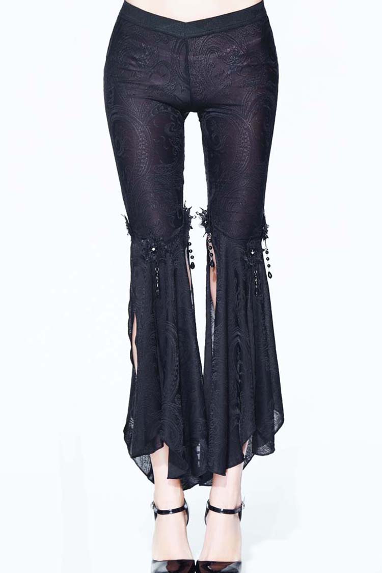 Black Fringe Lace Pendant Ninth Bell-Bottoms Women's Gothic Pants - Black - 1