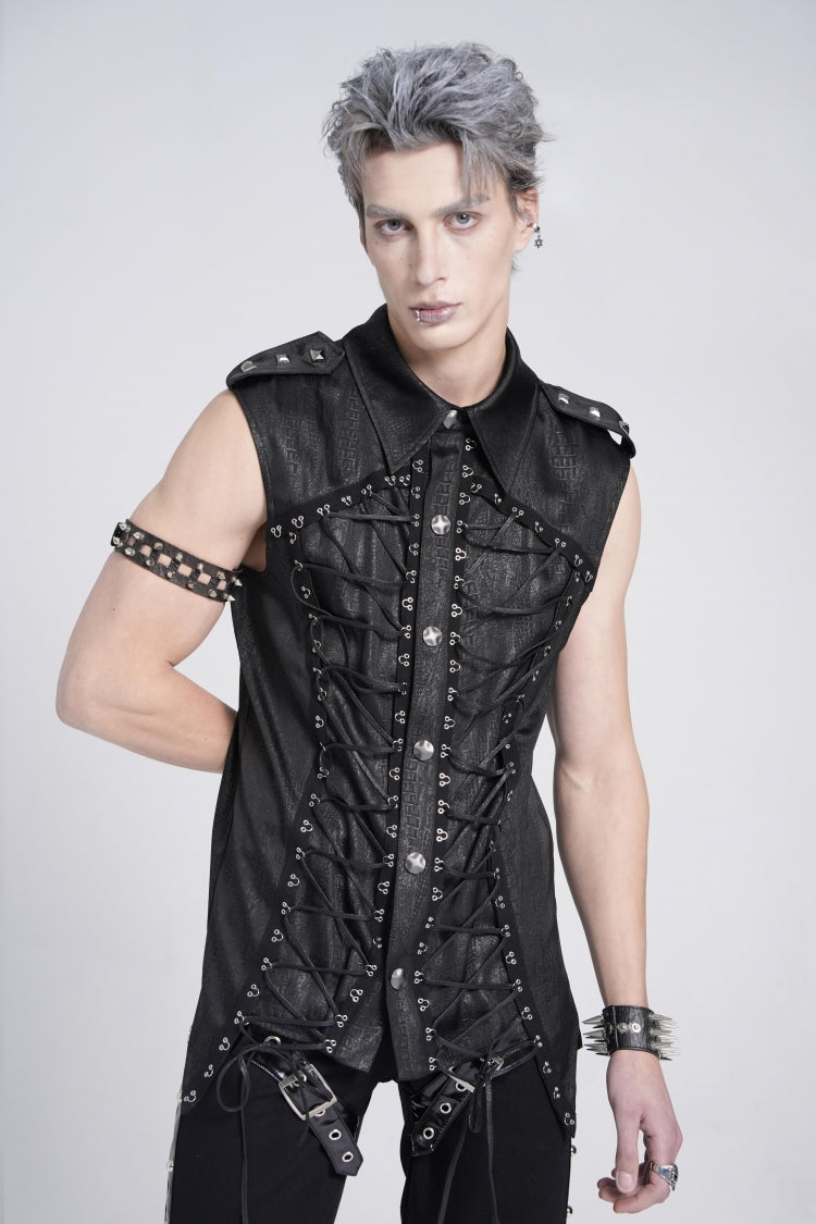 Black Sleeveless Studded Lace-Up Men's Gothic Blouse - Black - 1