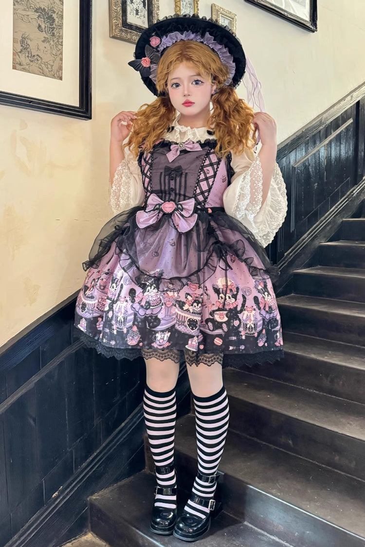 Purple [Devil Cat] Print Ruffle Bowknot Lace Gothic Lolita Jsk Dress (Plus Size Support) - Product - 3