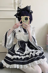 Black/White Double-Layered Ruffle Bowknot Maid Sweet Lolita Skirt Set - Black/White - 1
