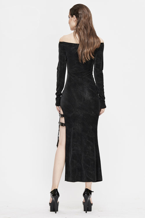 Black Punk Side High Fork Sexy Slim Fit Long Womens Dress With Chocker - Product - 4