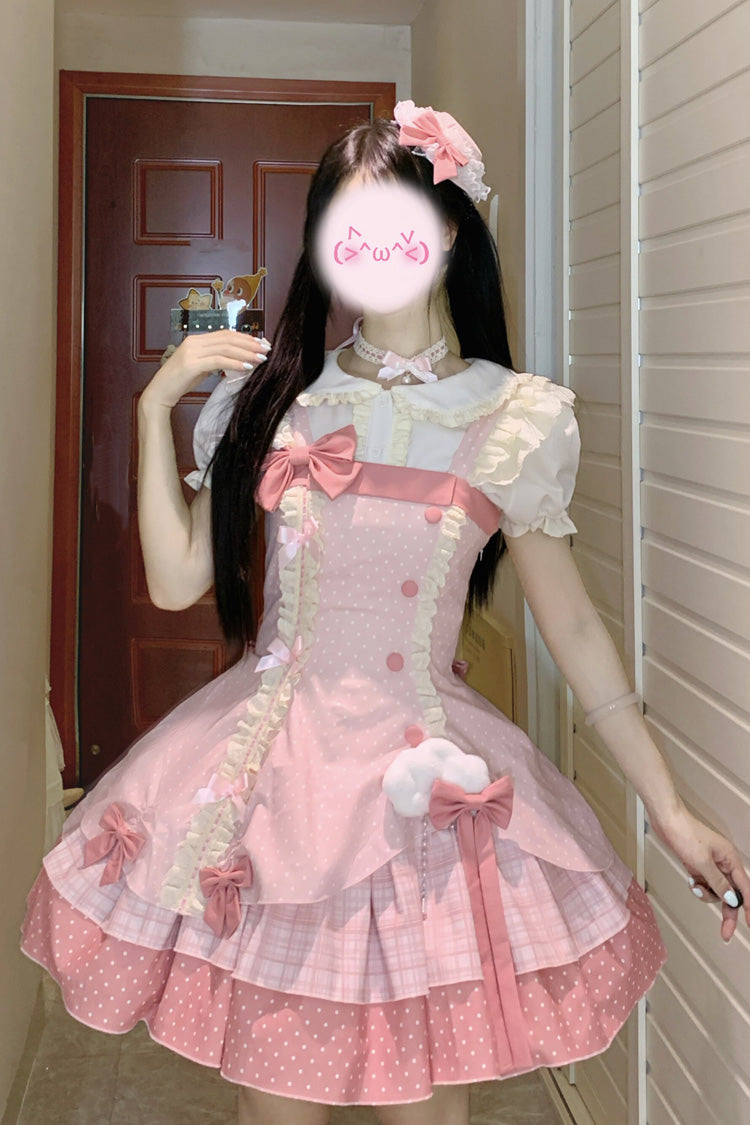 Pink [Glass Bottle] Square Collar Sleeveless Triple-Layered Printed Ruffled Bow Asymmetric Sweet Lolita Jsk Dress - Product - 3