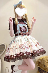 Chocolate Rosette Cat Print Bowknot Stitching Lace Sweet Lolita Jsk Dress 4 Colors - Product - 9