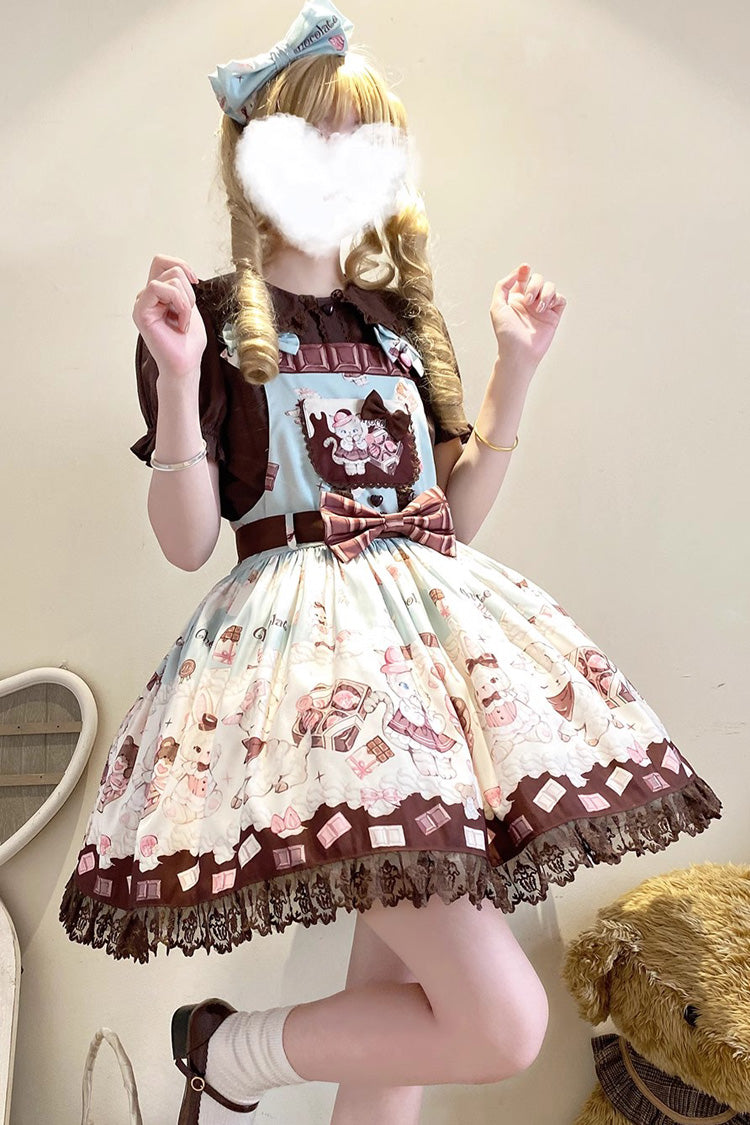 Chocolate Rosette Cat Print Bowknot Stitching Lace Sweet Lolita Jsk Dress 4 Colors - Product - 9